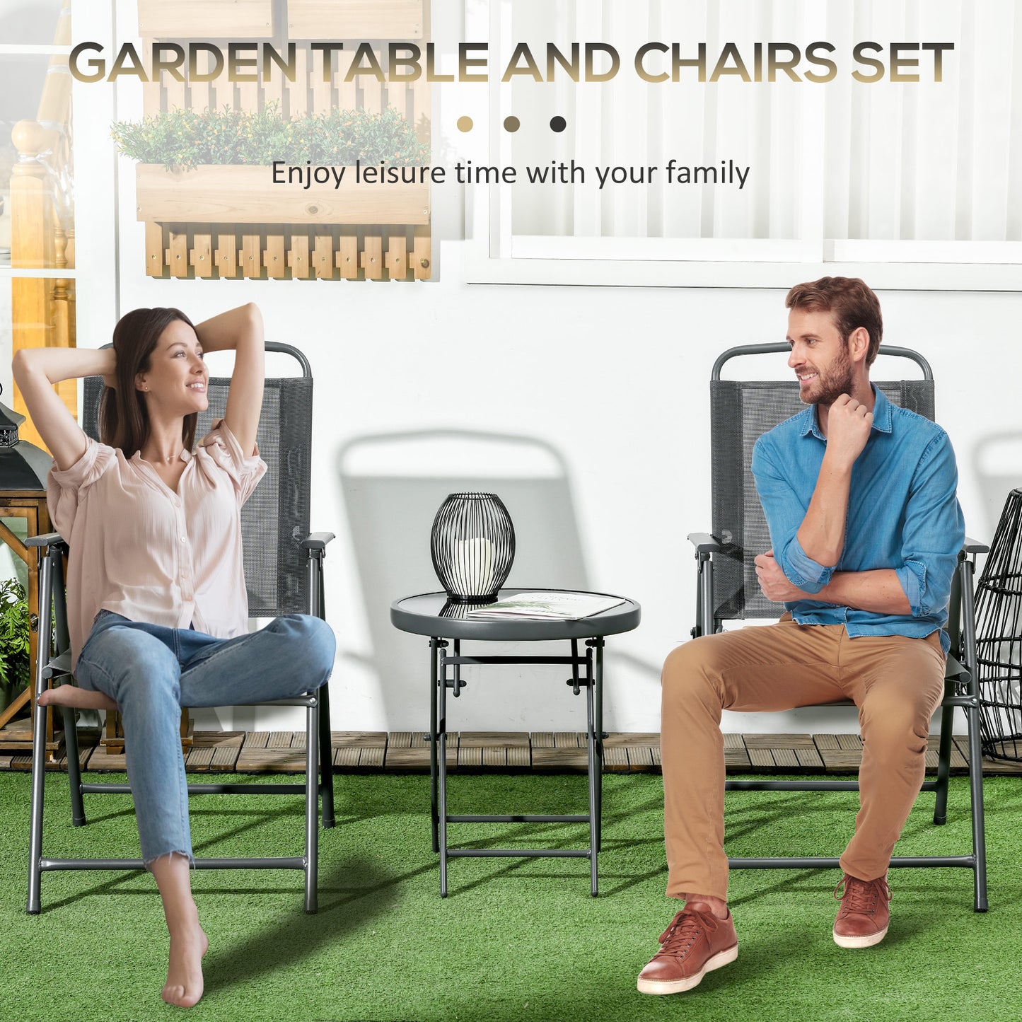 Patio Bistro Set Folding Chairs & Coffee Table for Balcony, Dark Grey