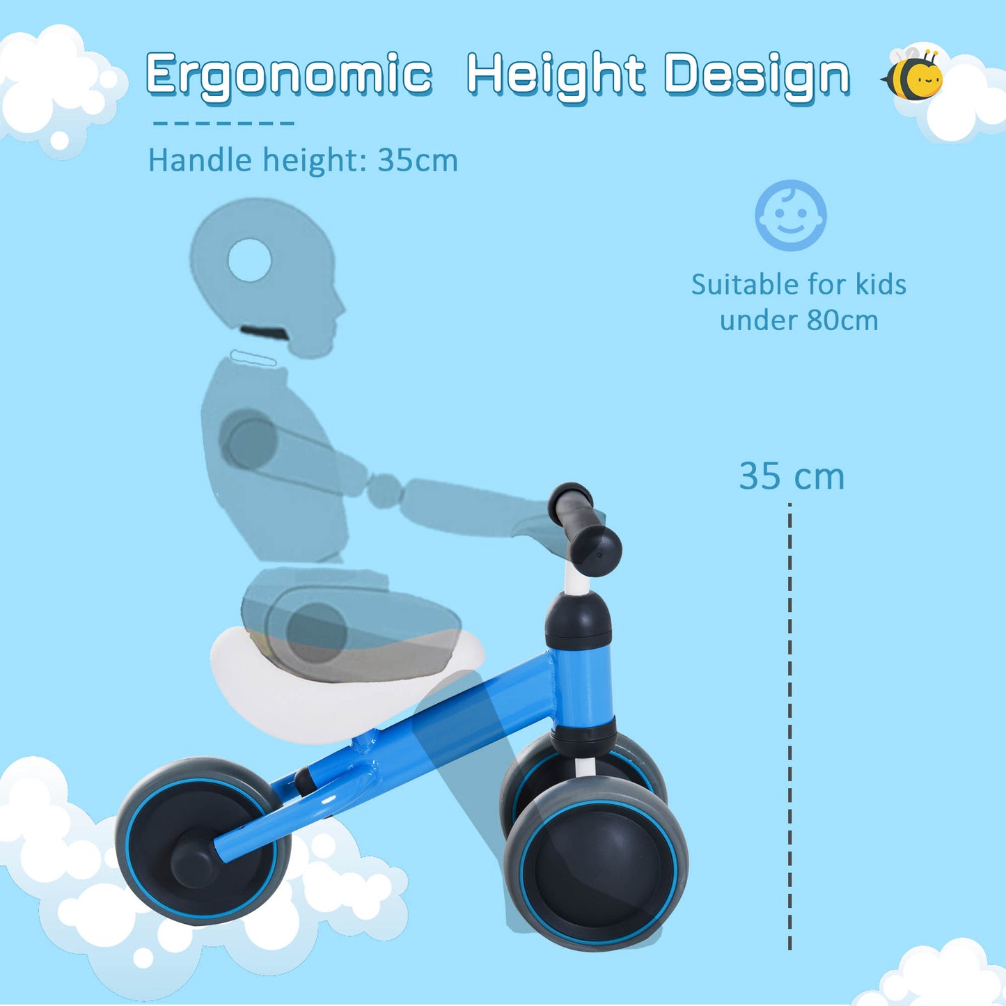 Baby Toddler Balance Bike Walker 3 Wheel Push Bike for 1-2 Years Blue