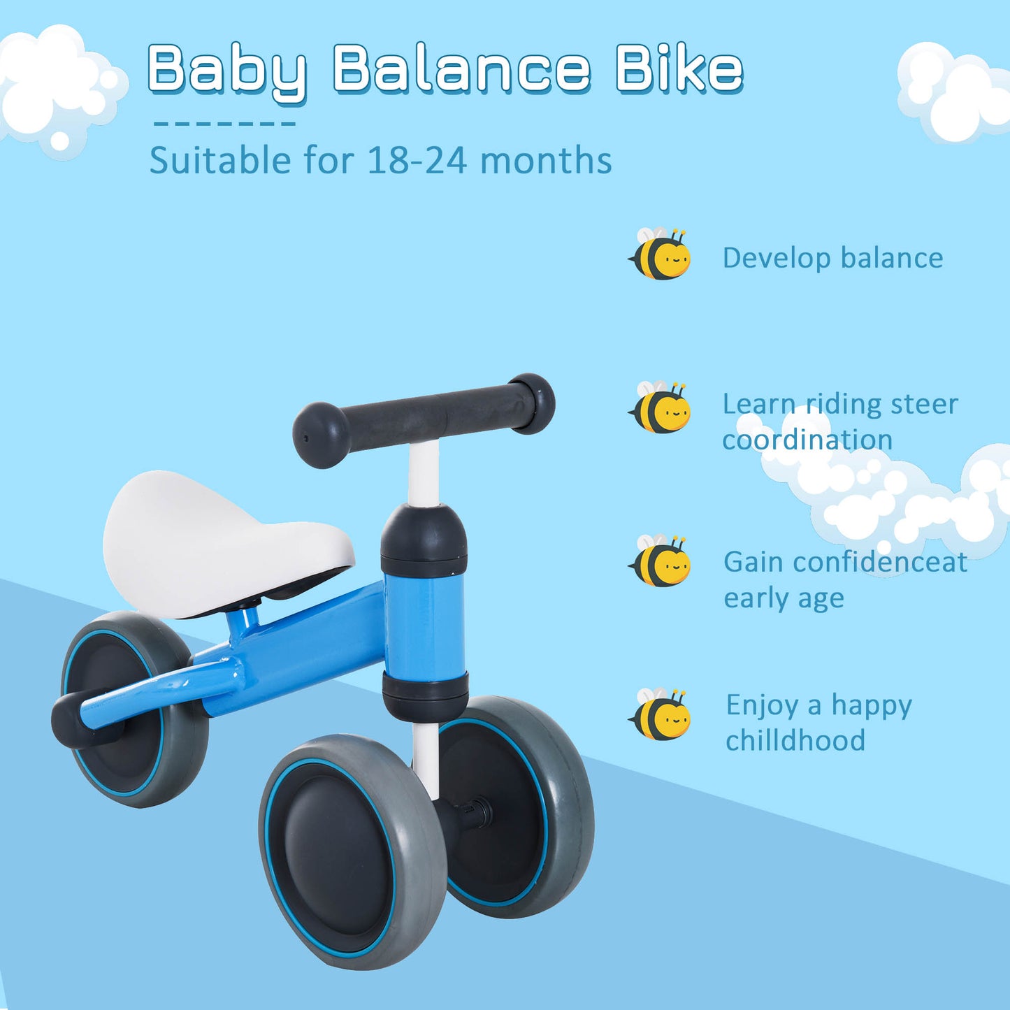 Baby Toddler Balance Bike Walker 3 Wheel Push Bike for 1-2 Years Blue