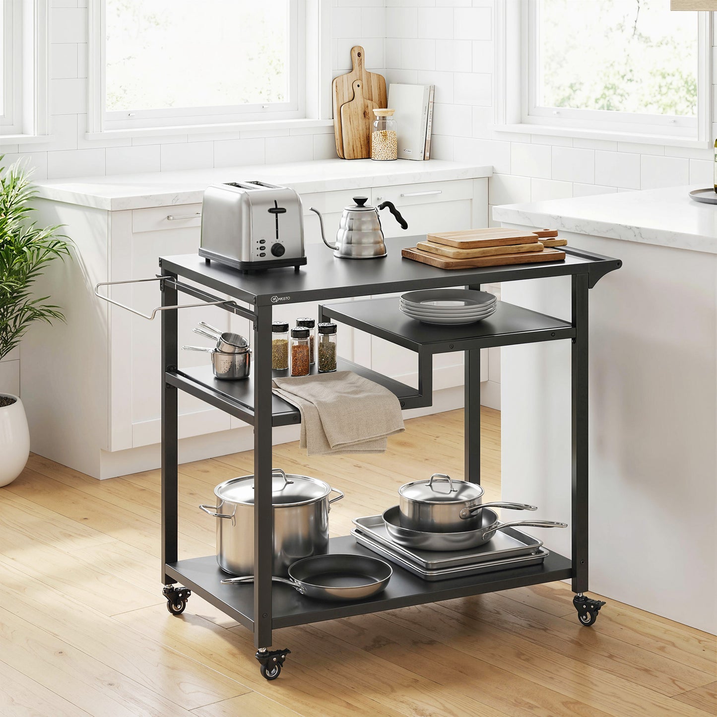 Outdoor Grill Cart, Movable Food Prep Table on Wheels, Black