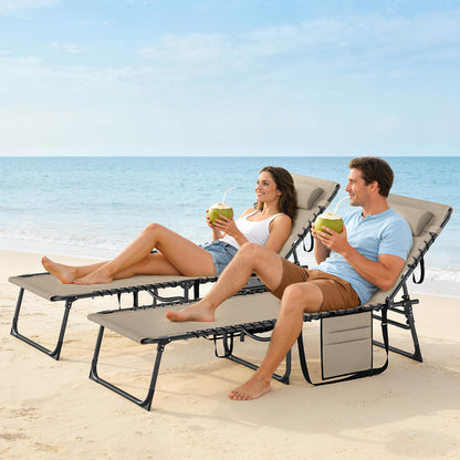 Folding Sun Loungers with 5-Level Back, Cup Holder, Beige