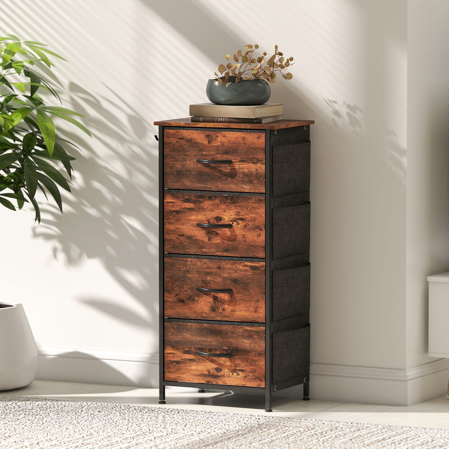 Fabric Chest of Drawers, 4 Drawer Dresser for Bedroom, Rustic Brown