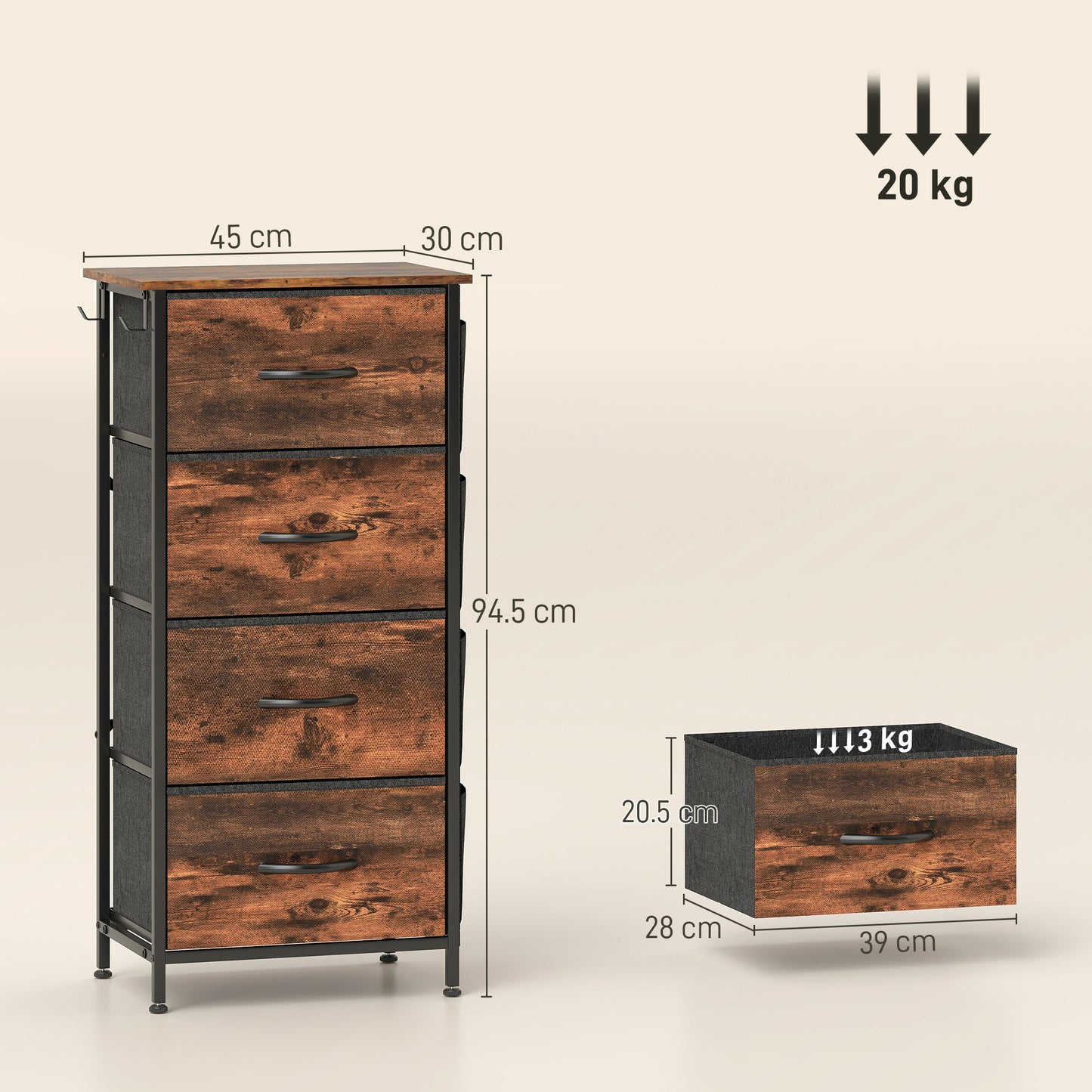 Fabric Chest of Drawers, 4 Drawer Dresser for Bedroom, Rustic Brown
