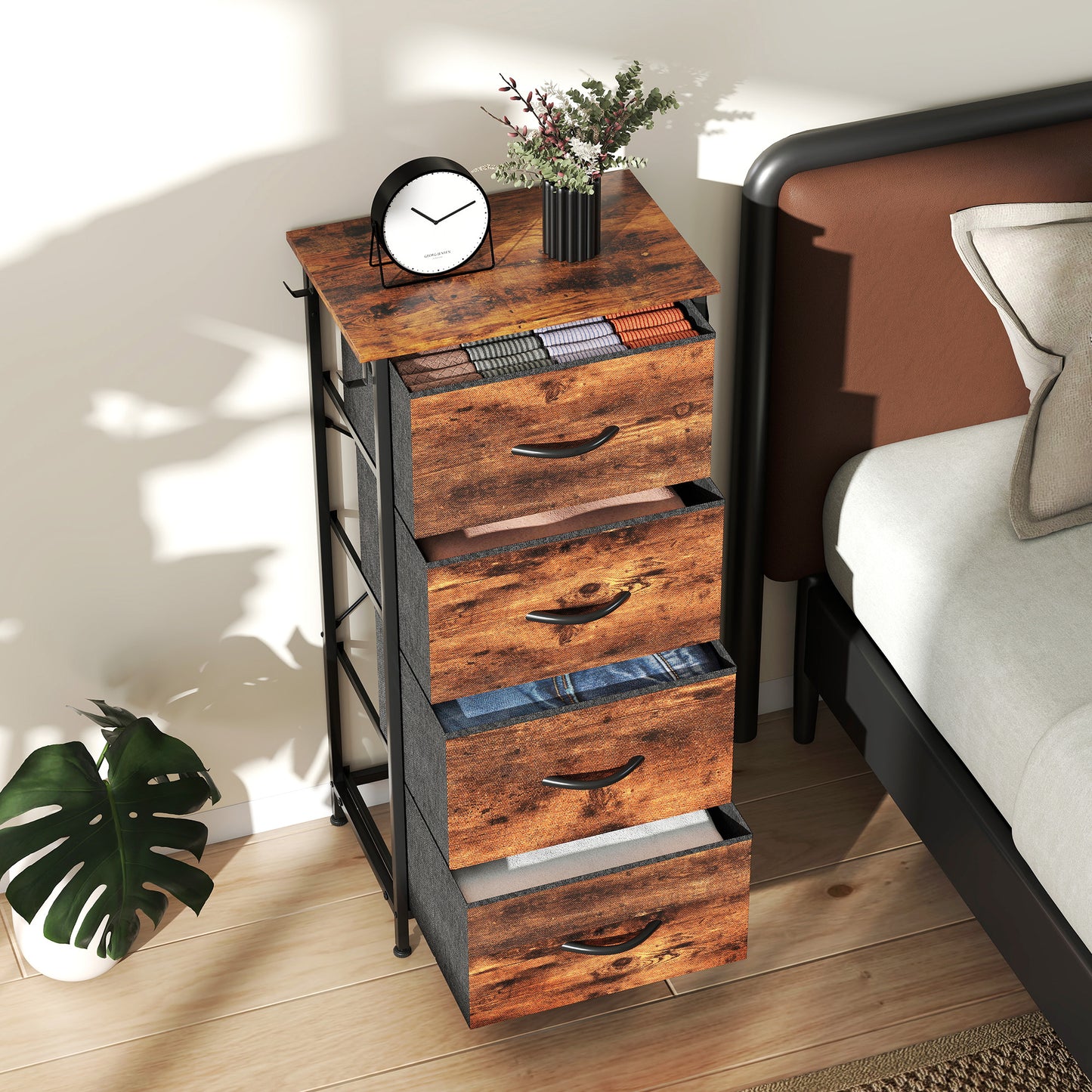 Fabric Chest of Drawers, 4 Drawer Dresser for Bedroom, Rustic Brown