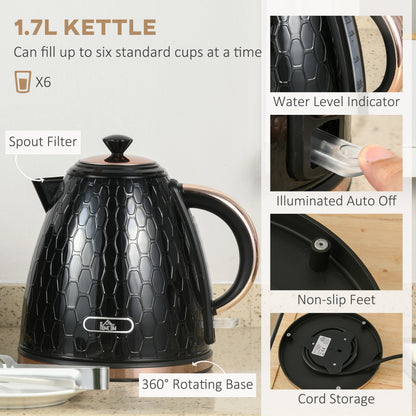 1.7L 3000W Fast Boil Kettle & 4 Slice Toaster Set, Kettle and Toaster Set with 7 Browning Controls, Crumb Tray, Black