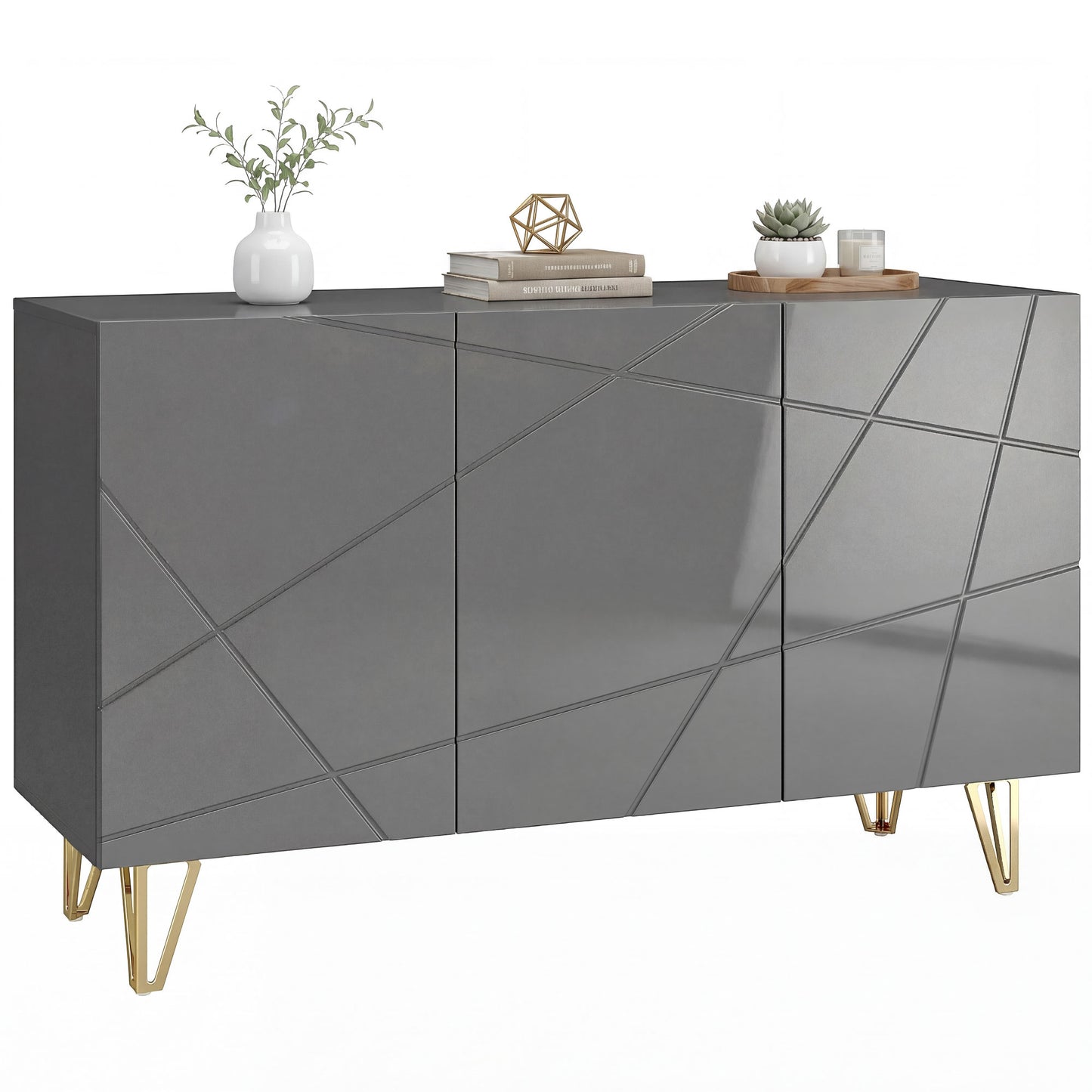 Storage Cabinet, Sideboard with Adjustable Shelves, High Gloss Grey