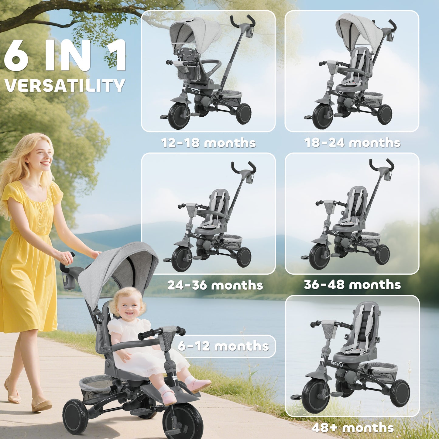 6 in 1 Kids Trike, Toddler Tricycle with Parent Handle, Grey