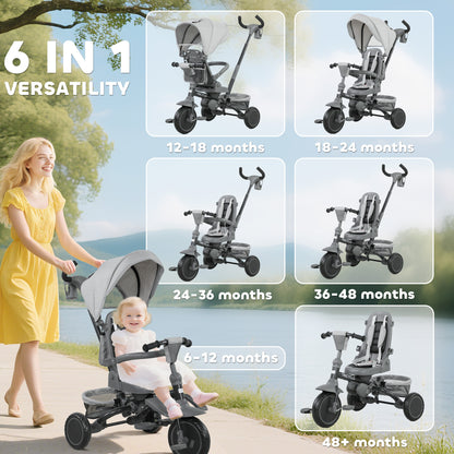 6 in 1 Kids Trike, Toddler Tricycle with Parent Handle, Grey