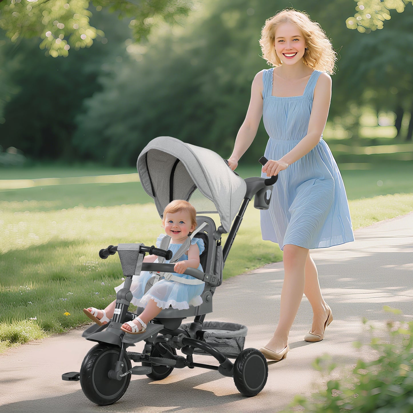 6 in 1 Kids Trike, Toddler Tricycle with Parent Handle, Grey