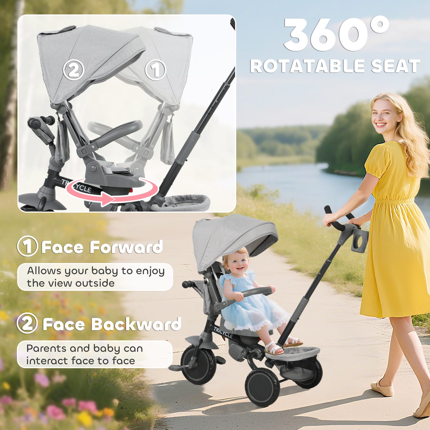 6 in 1 Kids Trike, Toddler Tricycle with Parent Handle, Grey
