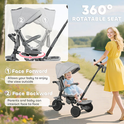 6 in 1 Kids Trike, Toddler Tricycle with Parent Handle, Grey