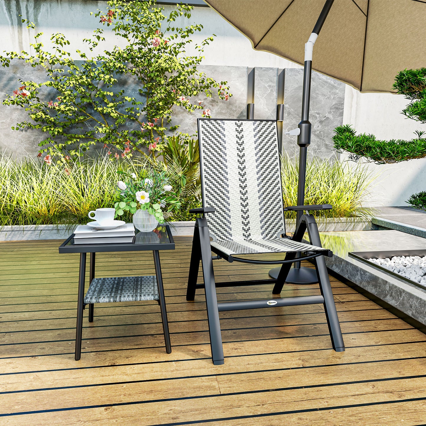 Rattan Folding Chair w/ 5-Position Adjustable Backrest, Grey