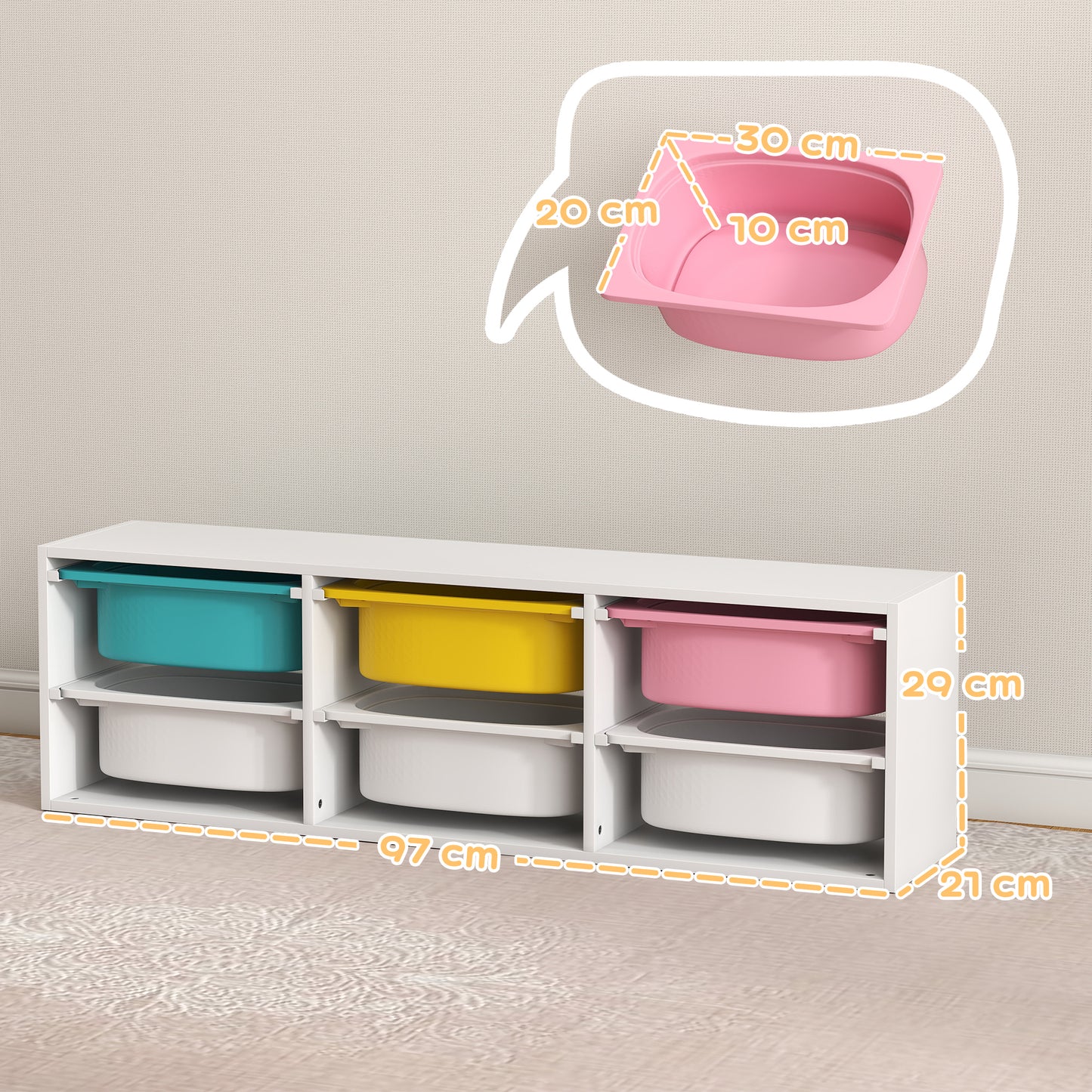 2 Tiers Toy Storage Organiser with 6 Plastic Bins, Low Height