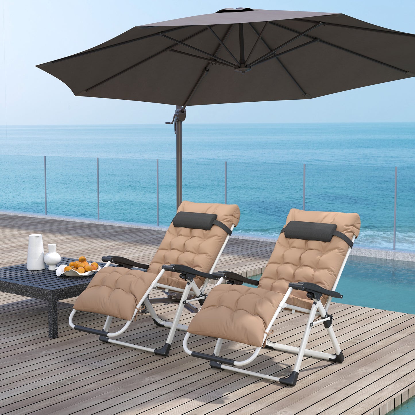 2 PCS Reclining Zero Gravity Chair Folding Lounger Cushion Khaki