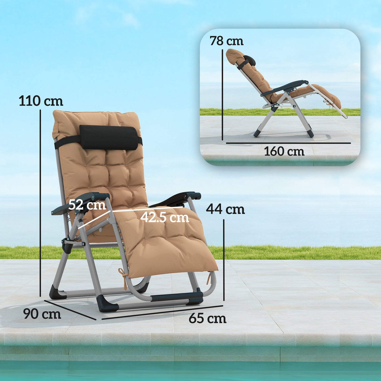 2 PCS Reclining Zero Gravity Chair Folding Lounger Cushion Khaki