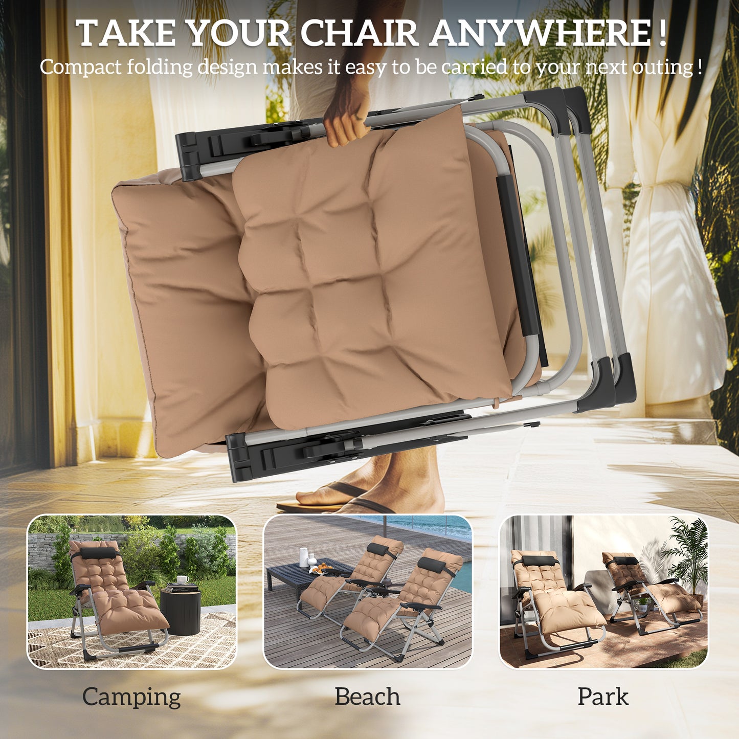 2 PCS Reclining Zero Gravity Chair Folding Lounger Cushion Khaki