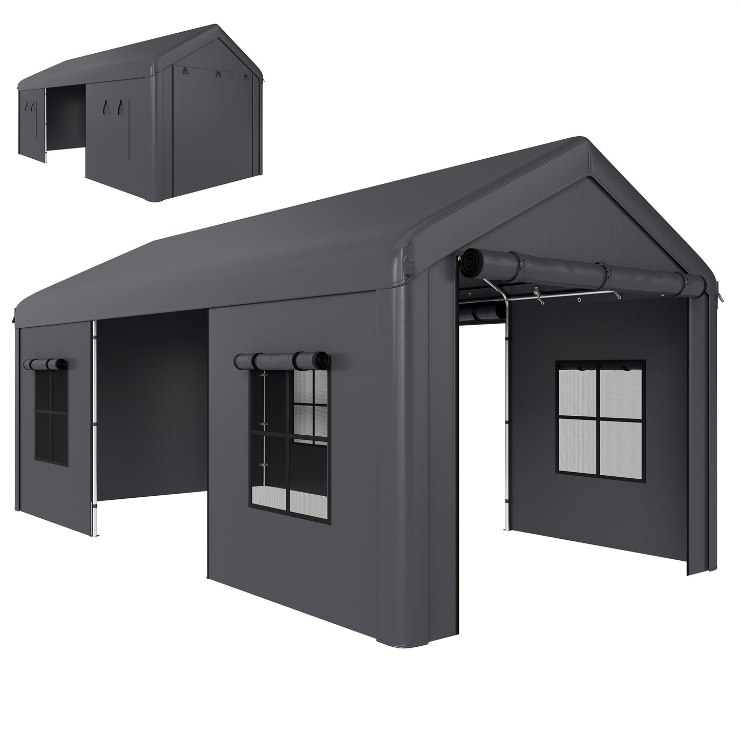 3 x 6 m Heavy Duty Carport, Portable Garage with 3 Doors, Dark Grey