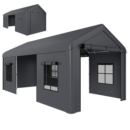 3 x 6 m Heavy Duty Carport, Portable Garage with 3 Doors, Dark Grey