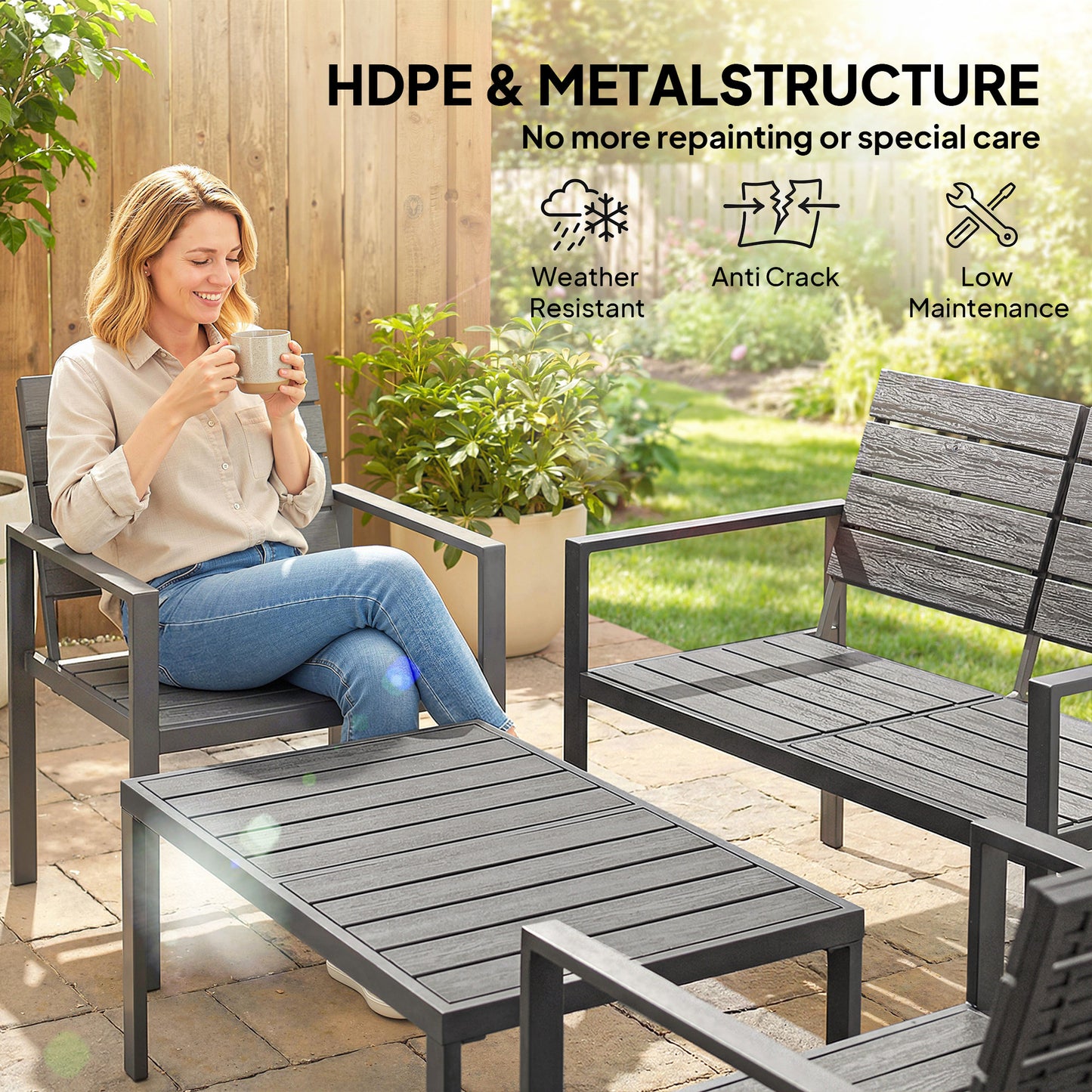 4 Piece Garden Furniture Set, HDPE Metal Outdoor Sofa, Dark Grey
