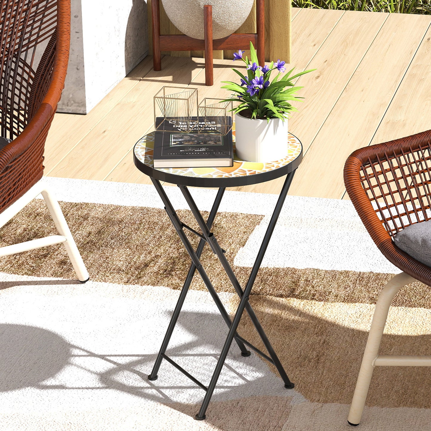 Mosaic Garden Table, 35.5cm Folding Coffee Table, Yellow