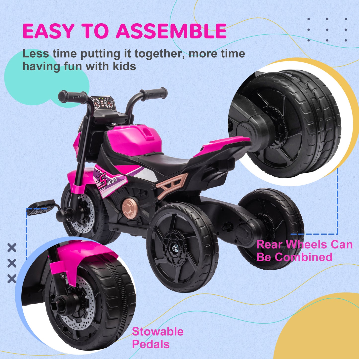 3 in 1 Baby Trike with Headlights, Music, Horn - Pink