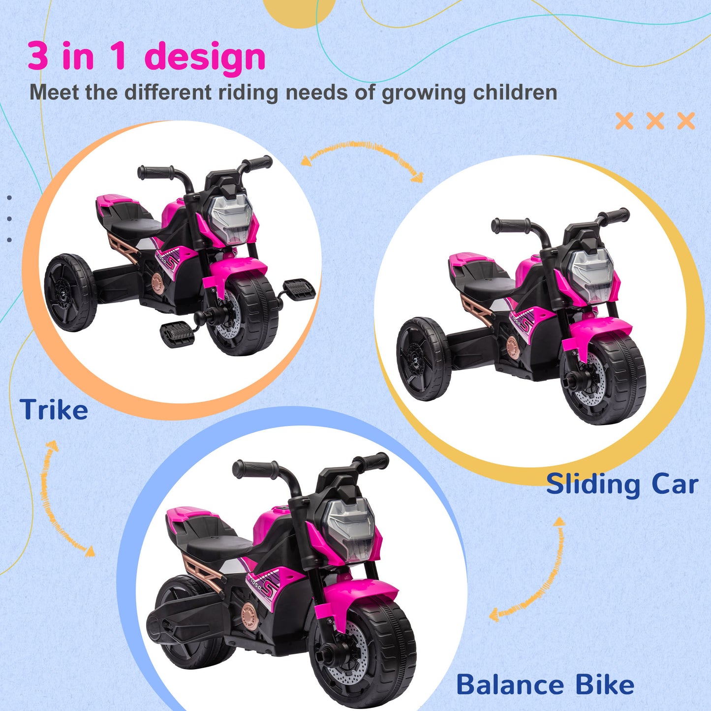 3 in 1 Baby Trike with Headlights, Music, Horn - Pink
