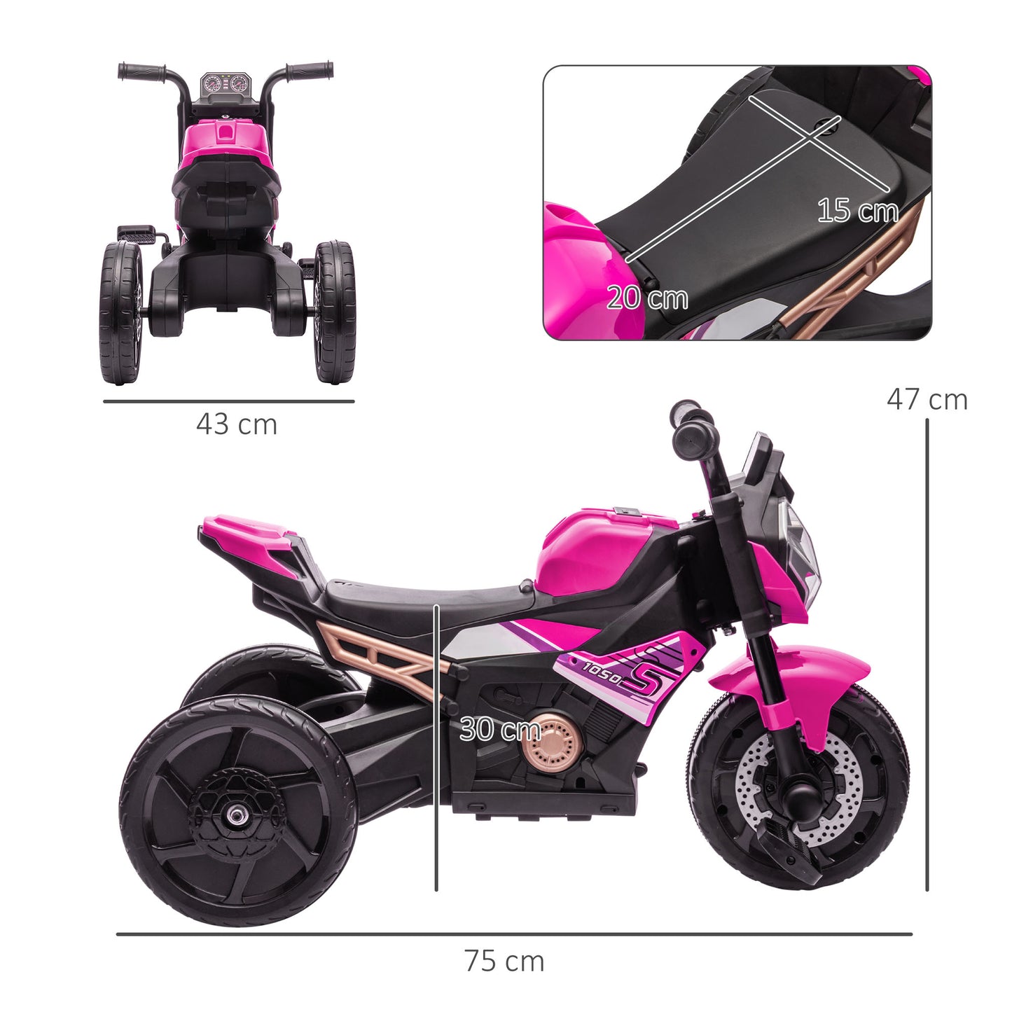 3 in 1 Baby Trike with Headlights, Music, Horn - Pink