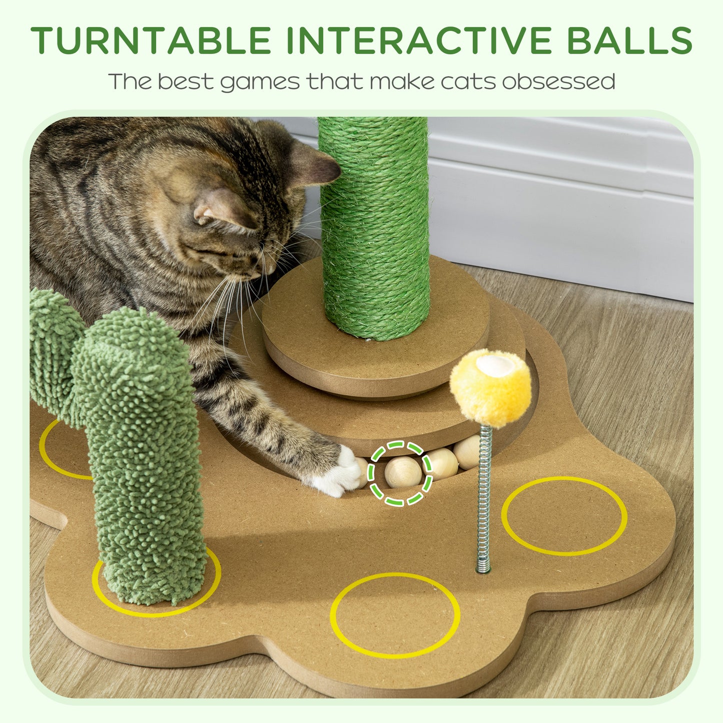 60cm Chenille Cat Activity Centre w/ Interactive Toy Balls - Green