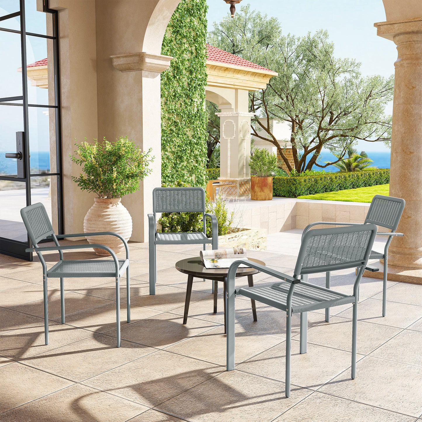 Garden Chairs Set of 4, Stackable & Rattan Effect, Light Grey