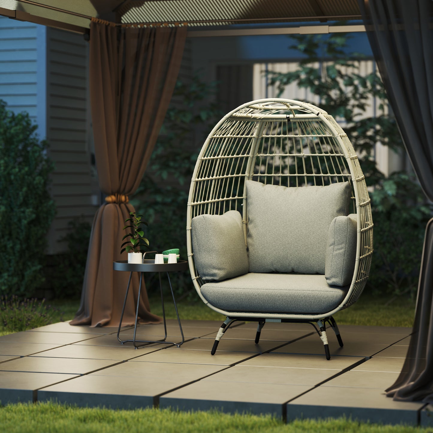 PE Rattan Egg Chair w/ Padded Cushions for Garden, Charcoal Grey