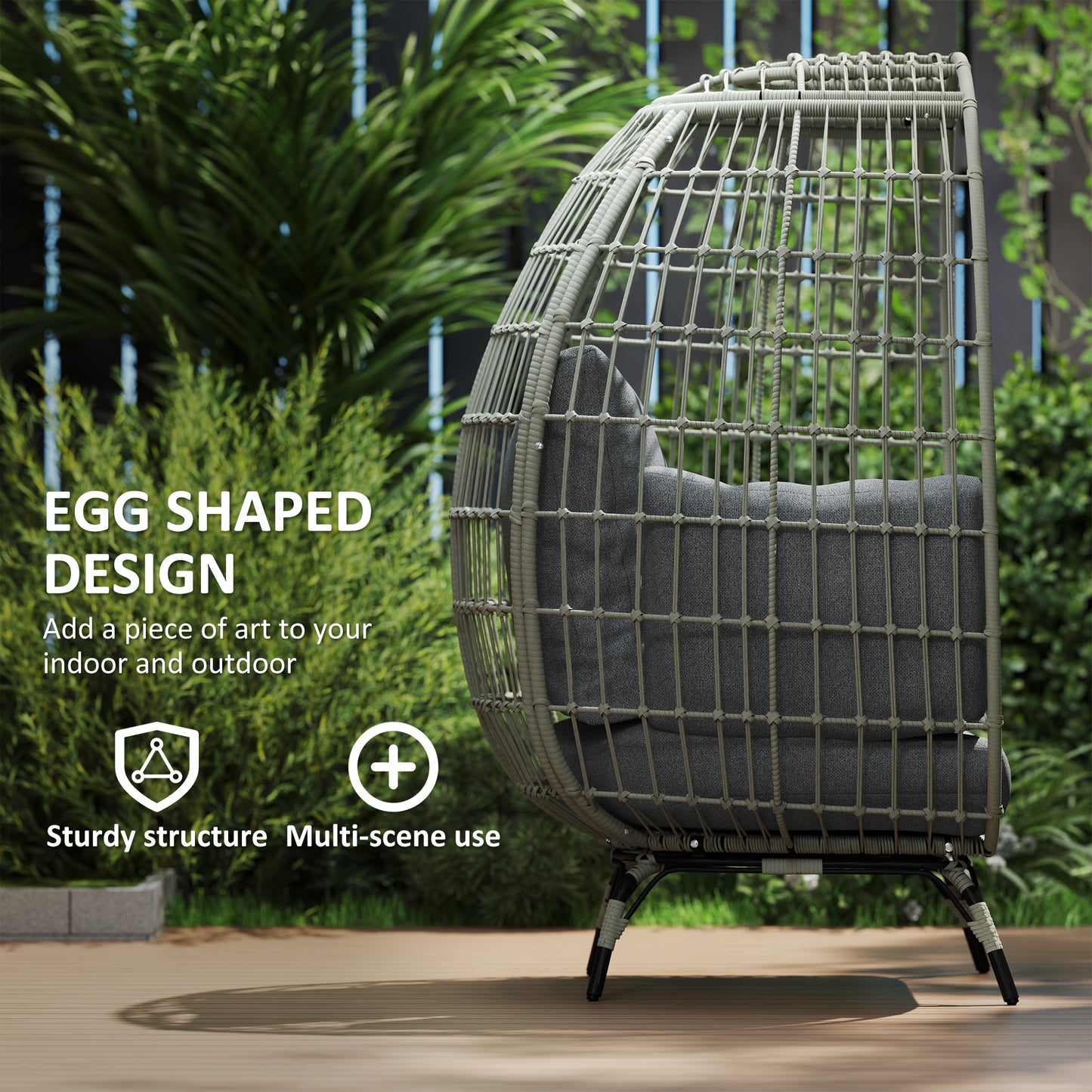 PE Rattan Egg Chair w/ Padded Cushions for Garden, Charcoal Grey