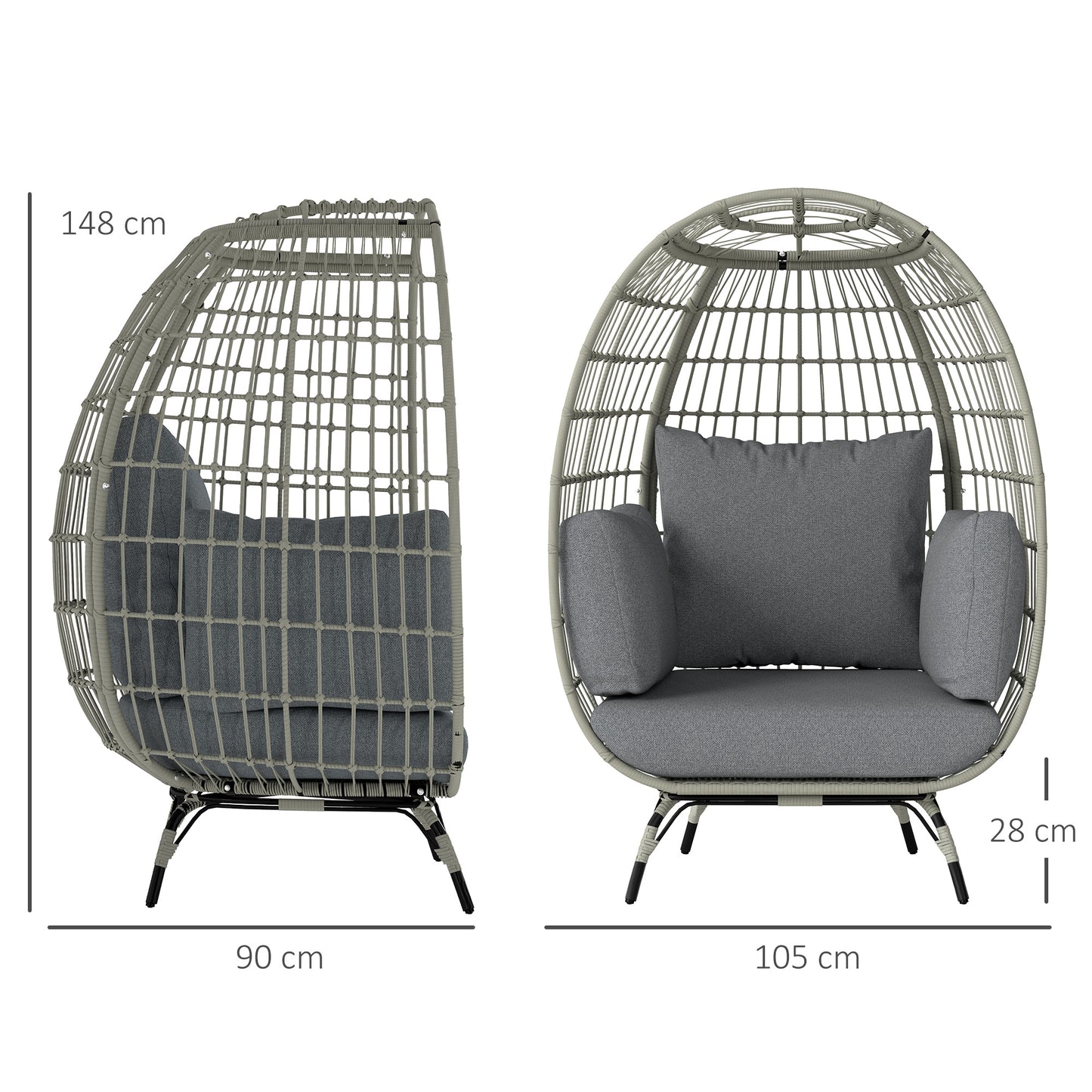 PE Rattan Egg Chair w/ Padded Cushions for Garden, Charcoal Grey