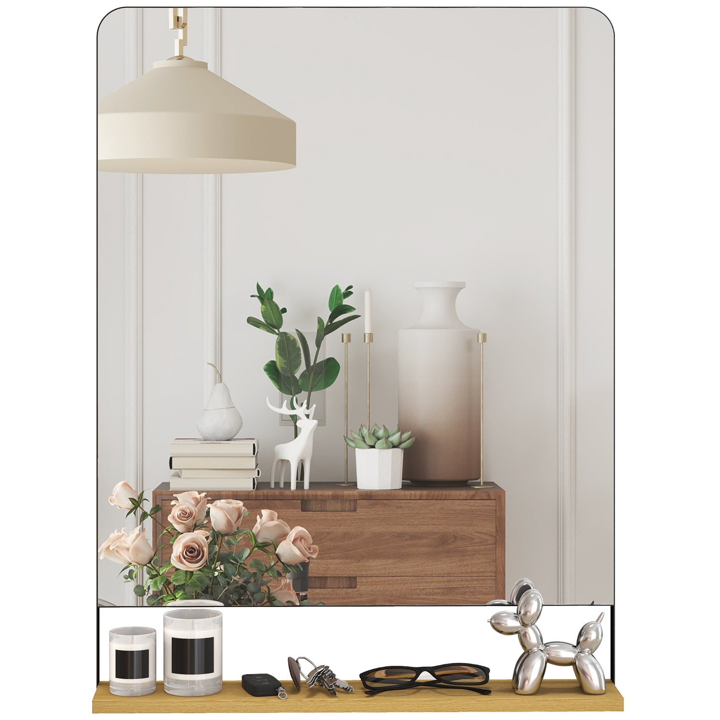 Decorative Mirror with Wood Shelf, Industrial Wall Mirror, Black