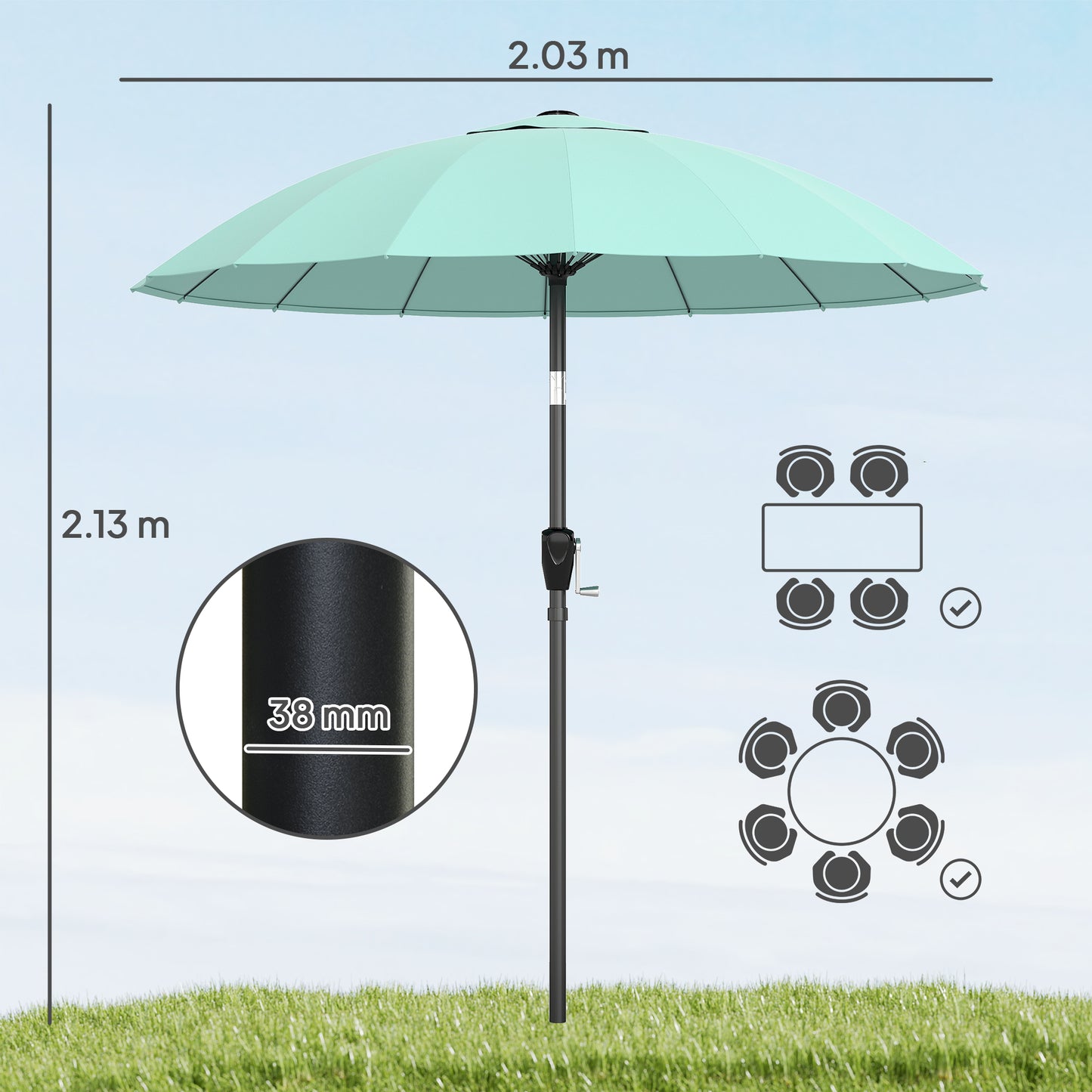 2m Shanghai Garden Parasol Umbrella, Outdoor Sun Shade, Turquoise