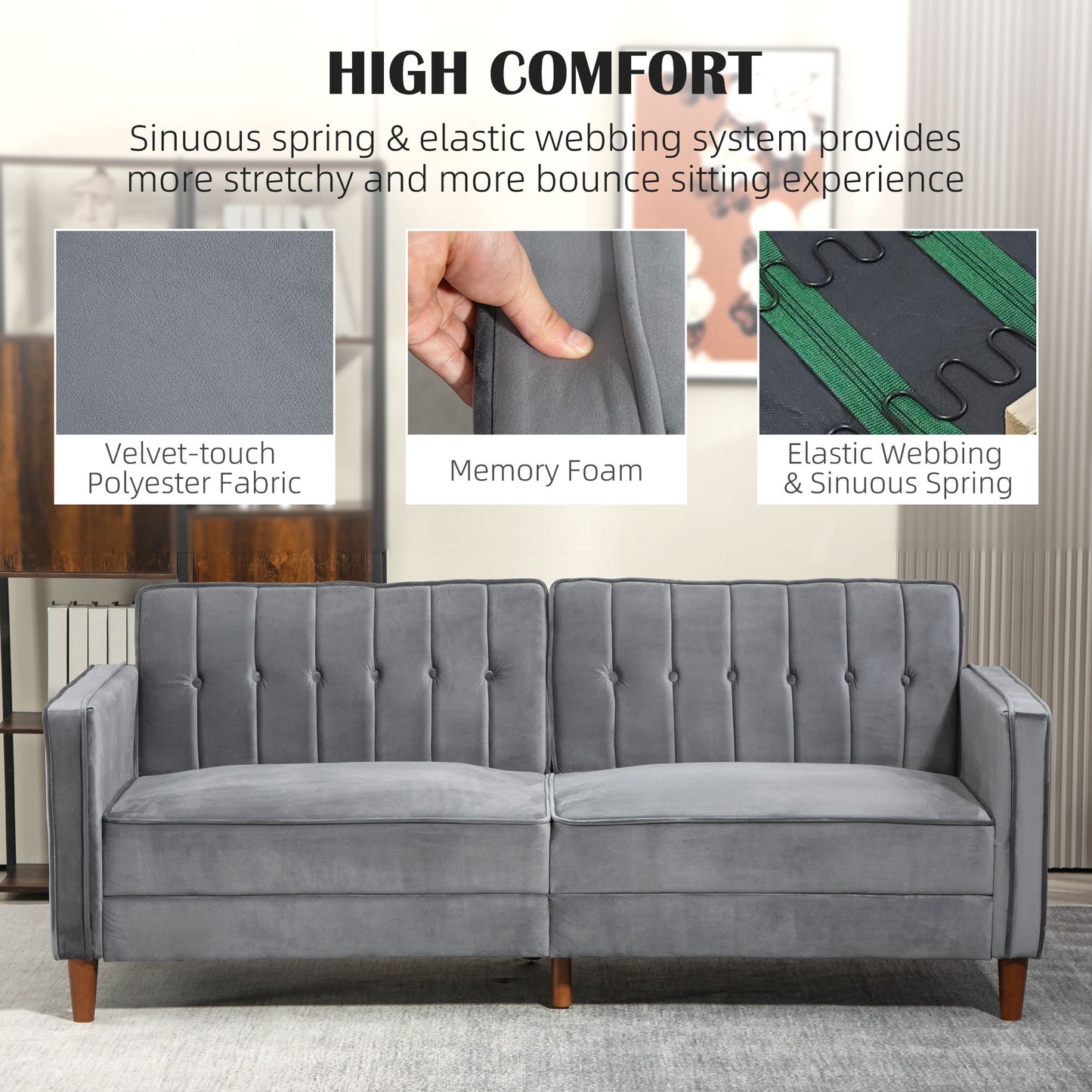 Convertible Sofa Futon Velvet-Touch Tufted Couch Sofa Bed - Grey