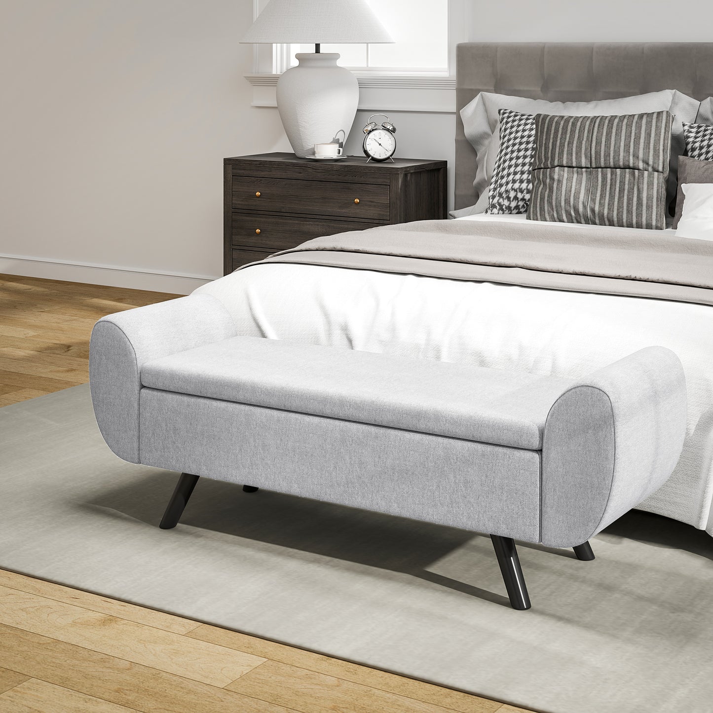 Storage Ottoman with Armrest, Upholstered Linen Storage Bench