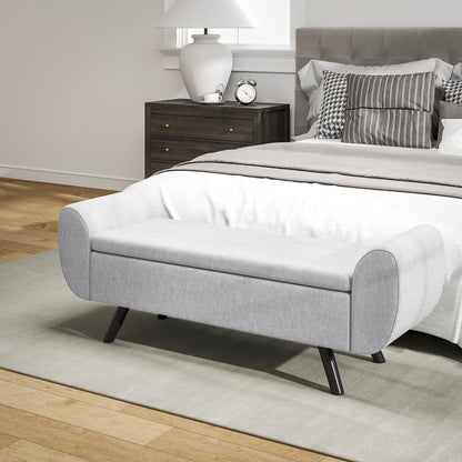Storage Ottoman with Armrest, Upholstered Linen Storage Bench