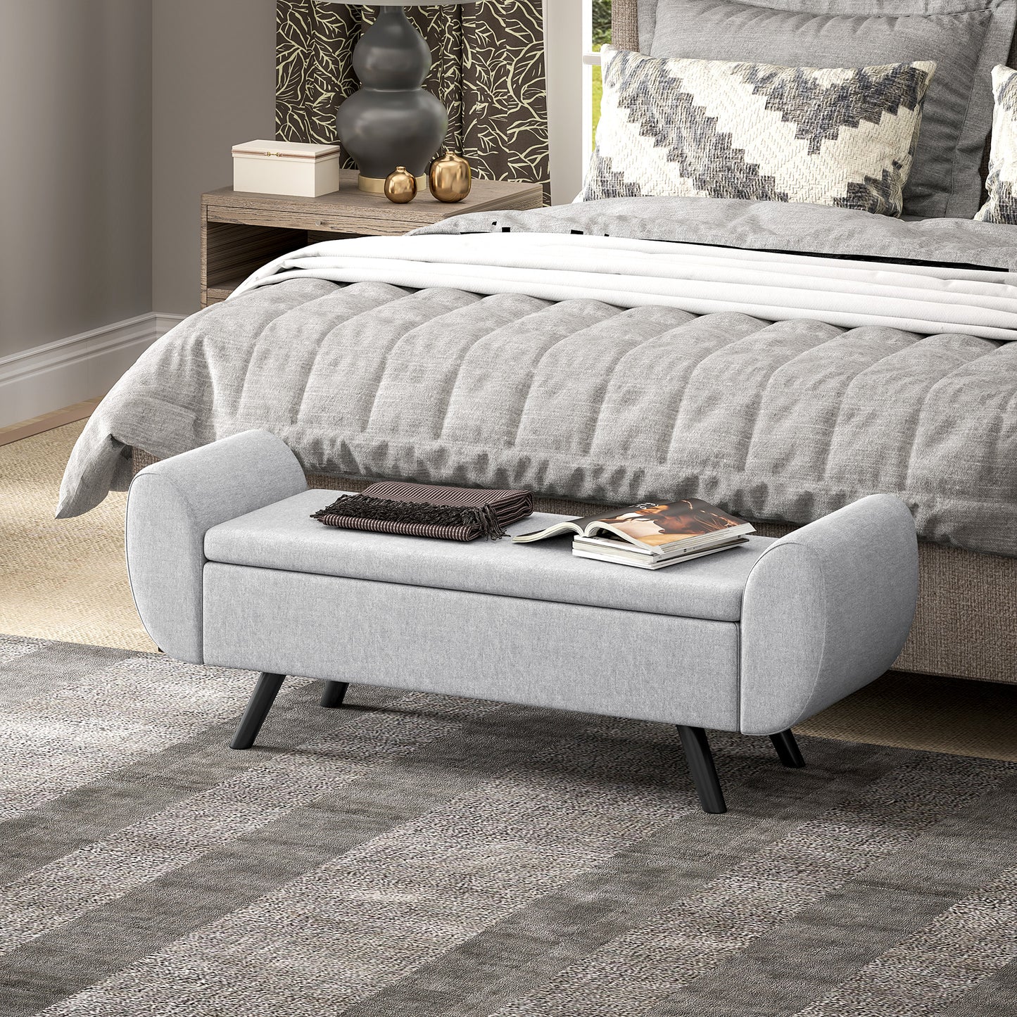Storage Ottoman with Armrest, Upholstered Linen Storage Bench