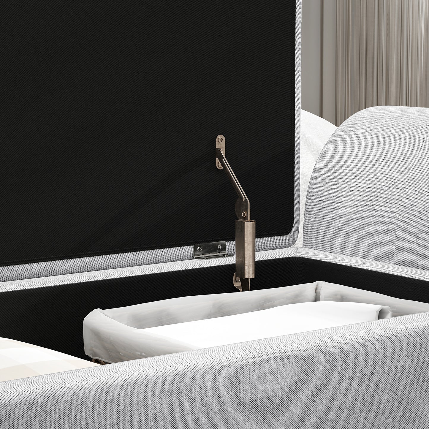Storage Ottoman with Armrest, Upholstered Linen Storage Bench