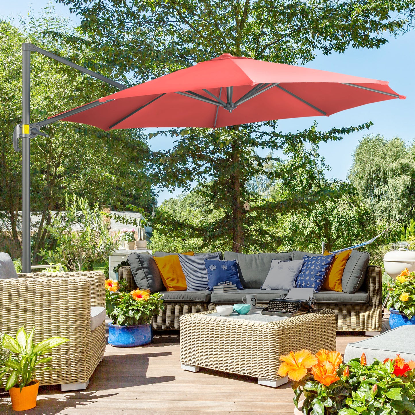 3 x 3(m) Cantilever Parasol Garden Umbrella with Cross Base Wine Red