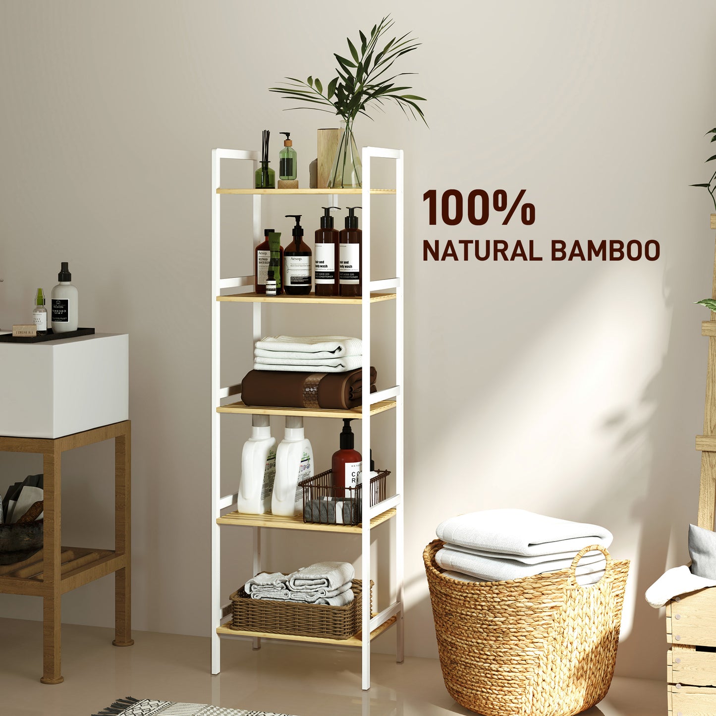 5-Tier Bamboo Bathroom Storage Shelf with Adjustable Rack, Natural