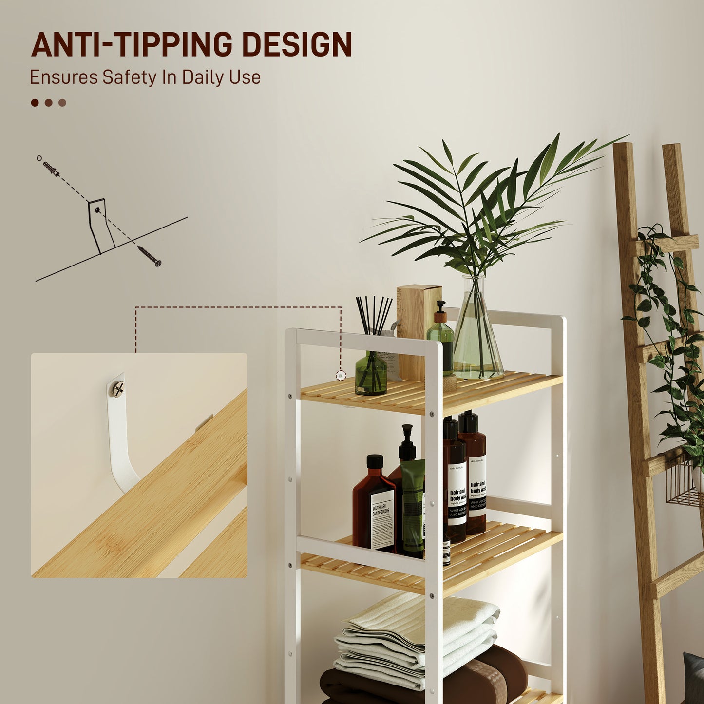 5-Tier Bamboo Bathroom Storage Shelf with Adjustable Rack, Natural