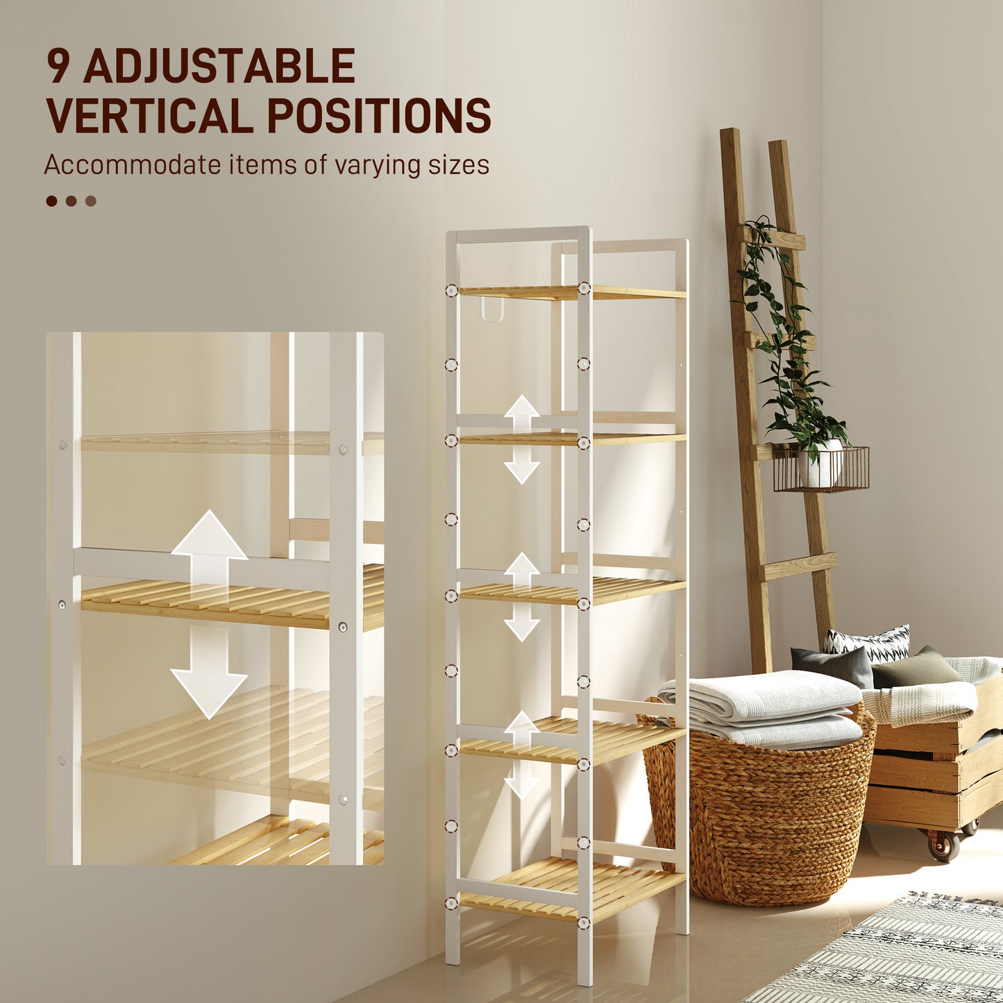 5-Tier Bamboo Bathroom Storage Shelf with Adjustable Rack, Natural