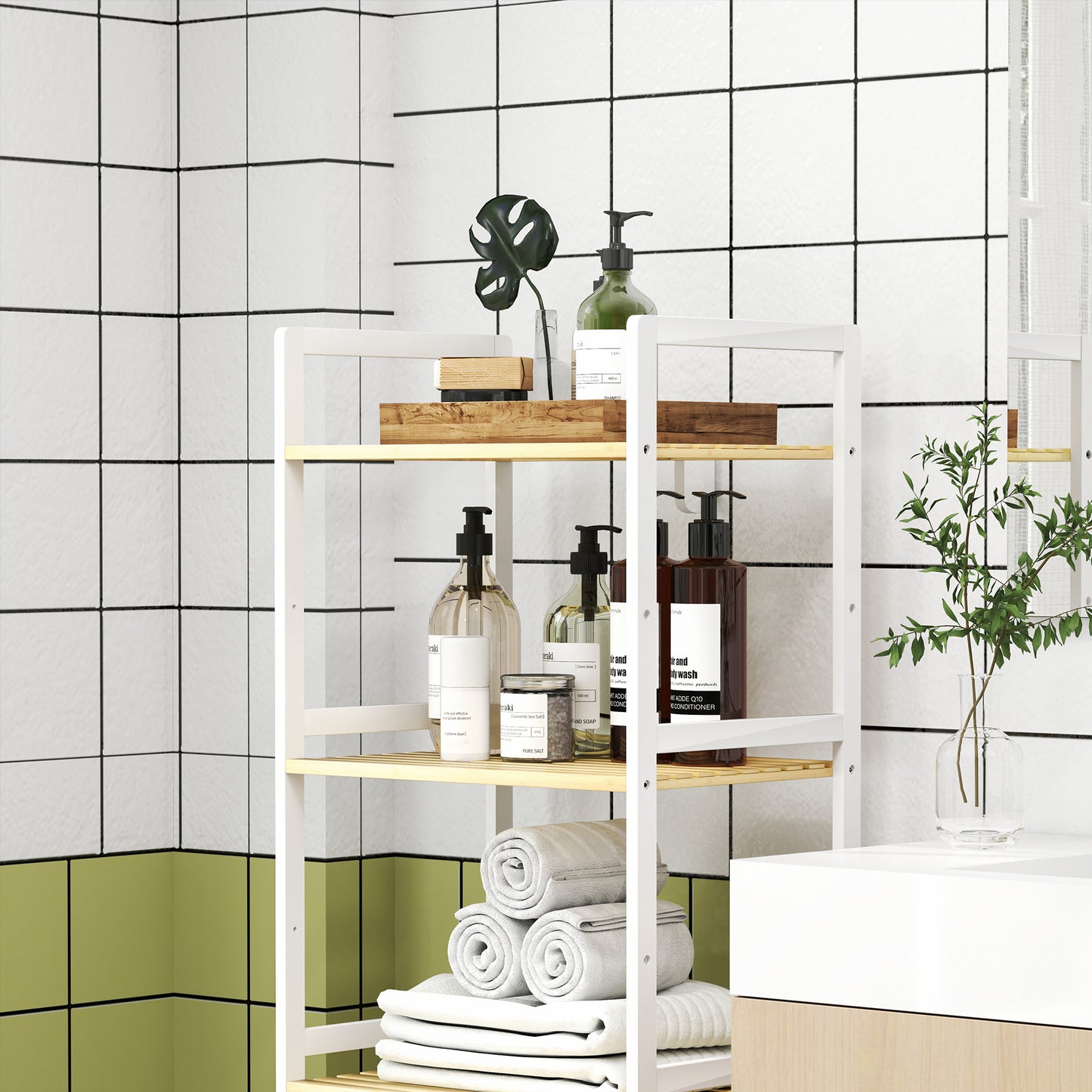 5-Tier Bamboo Bathroom Storage Shelf with Adjustable Rack, Natural