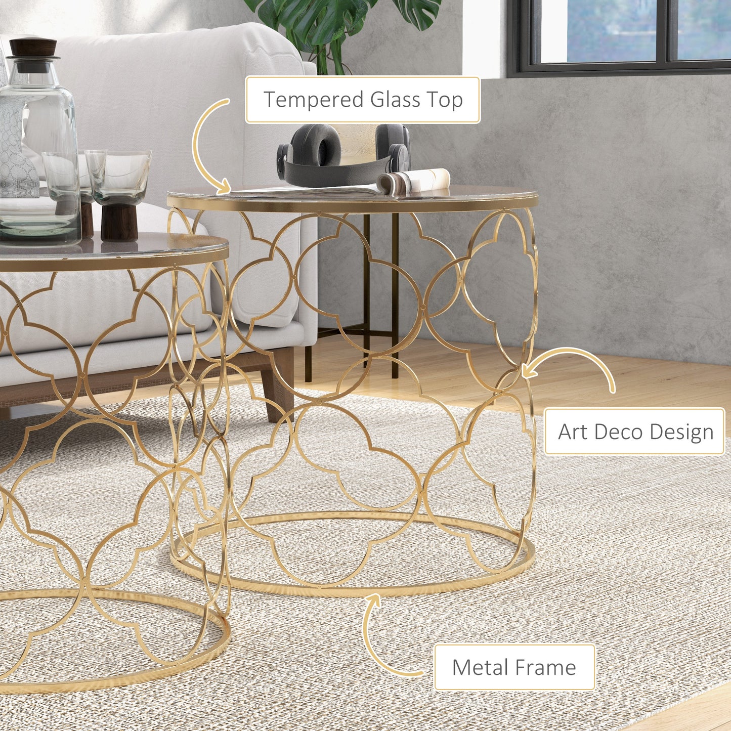Nesting Tables Set of 2, Side End Table with Glass Top, Gold Tone