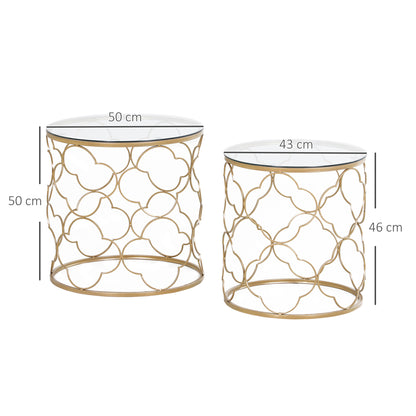 Nesting Tables Set of 2, Side End Table with Glass Top, Gold Tone