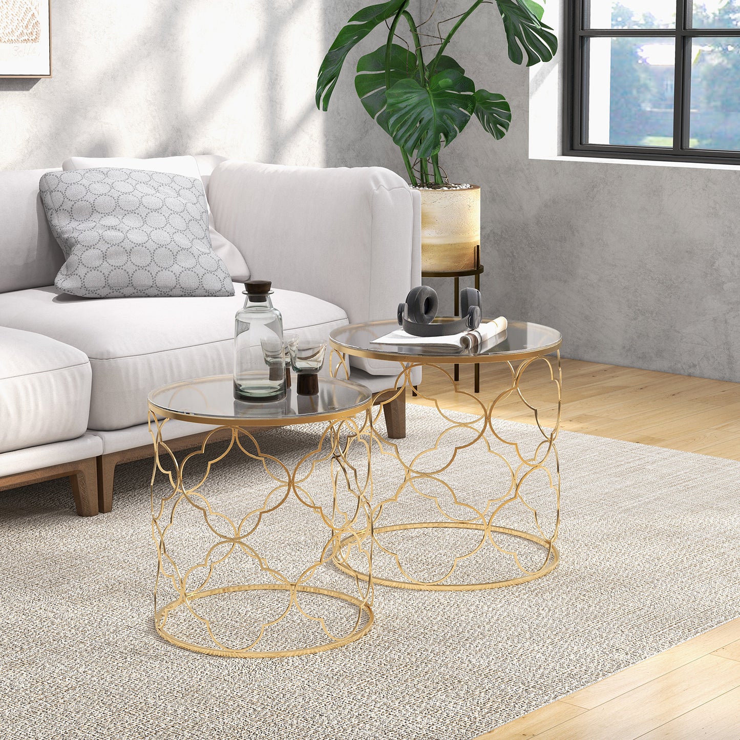 Nesting Tables Set of 2, Side End Table with Glass Top, Gold Tone