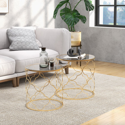 Nesting Tables Set of 2, Side End Table with Glass Top, Gold Tone