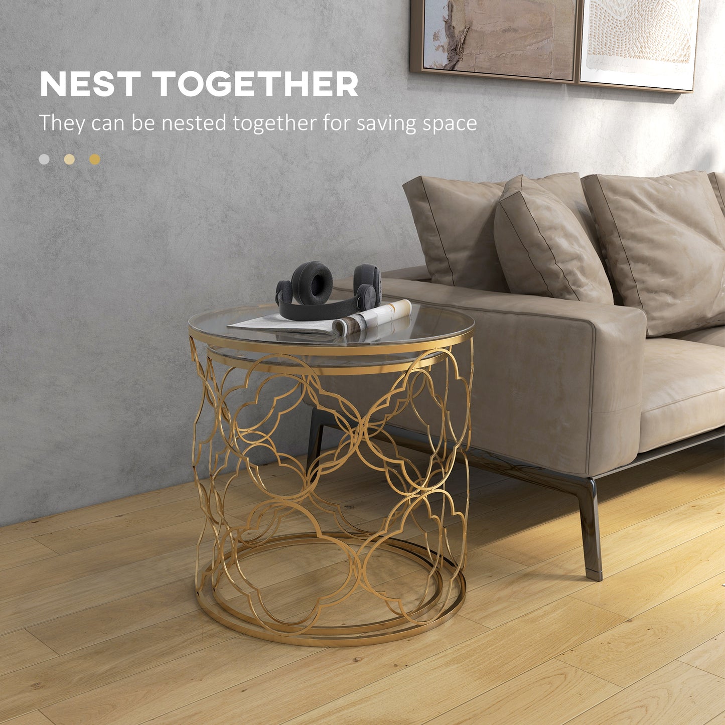 Nesting Tables Set of 2, Side End Table with Glass Top, Gold Tone