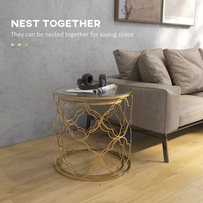 Nesting Tables Set of 2, Side End Table with Glass Top, Gold Tone
